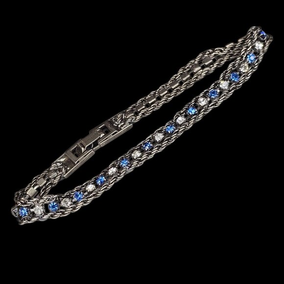 Vintage Silver Tone Tennis Chain Bracelet Blue Clear Rhinestones 7" Signed - Picture 3 of 10